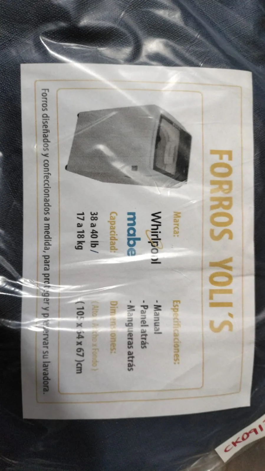 FORRO AZUL MANUAL PANEL Y MANGUERAS ATRÁS 38-40LB 17-18KG (105X64X67) CM MABE Y WHIRLPOOL CKD91774 