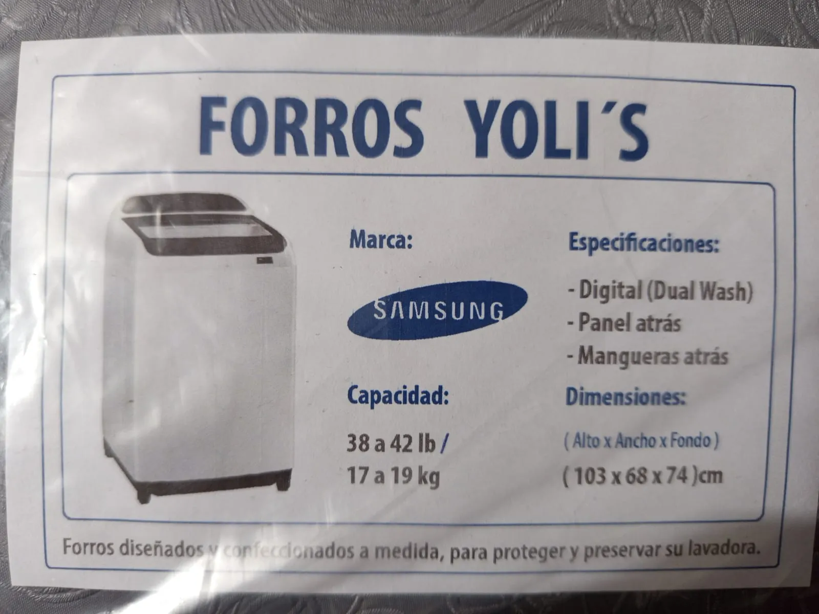 FORRO GRIS DUAL WASH DIGITAL PANEL ATRÁS MANGUERA ATRAS 38-42LB/17-19KG LAVADORA SAMSUNG (103X68X74) CM CKD91756 