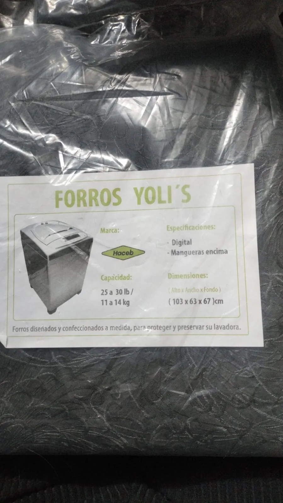 FORRO NEGRO DIGITAL MANGUERAS ENCIMA 25-30LB 11-14KG (103X63X67) CM LAVADORA HACEB CKD91771 