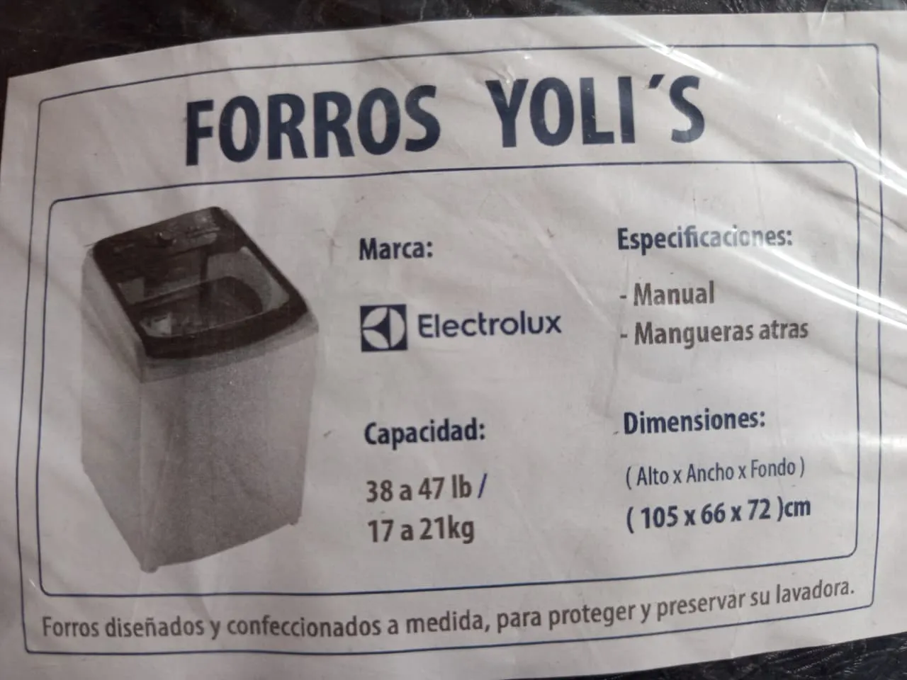 FORRO NEGRO MANUAL MANGUERA ATRAS 38-47LB 17-21KG (109X66X72) CM LAVADORA ELECTROLUX CKD91752