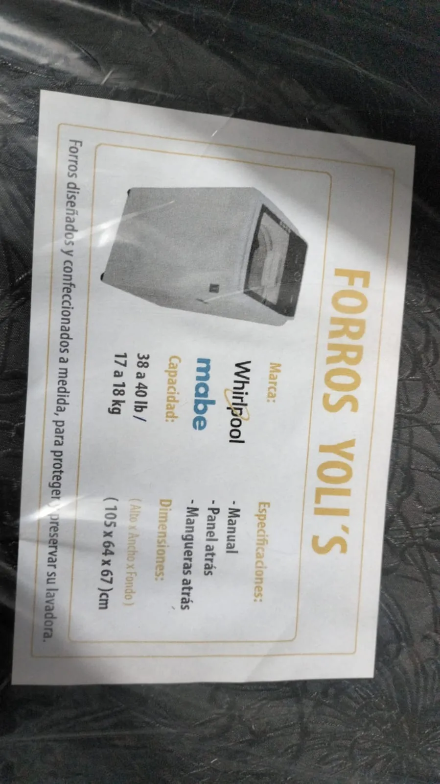 FORRO NEGRO MANUAL PANEL Y MANGUERAS ATRÁS 38-40LB 17-18KG (105X64X67) CM MABE Y WHIRLPOOL CKD91785 