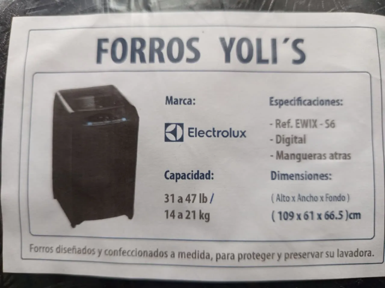 FORRO NEGRO REF EWIX S6 DIGITAL MANGUERA ATRAS 31- 47LB 14-21KG (109X61X66.5) CM LAVADORA ELECTROLUX CKD91753